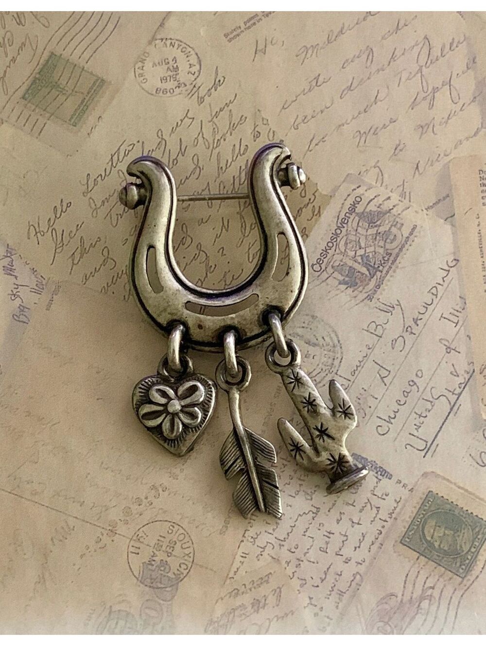 Vintage Signed Guess Horseshoe Brooch with Heart, Cactus & Feather Charms
